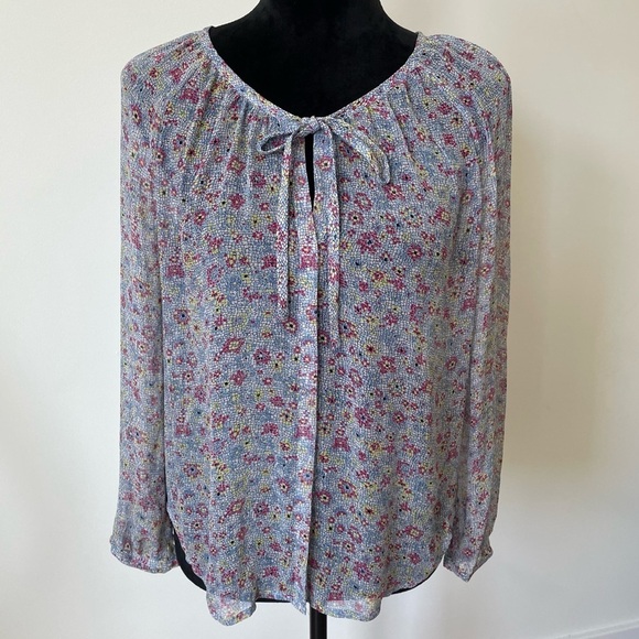 Joie Multicolor Abstract Floral Print Silk Tie Neck Hidden Button Placket Blouse - Picture 1 of 6